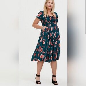 Womens Torrid Teal Blue Pink Floral Smocked Challis Dress 00 M/L